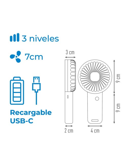 Ventilador de mano con base extraible y soporte para smartphone, 9 x 3 x 18 cm
