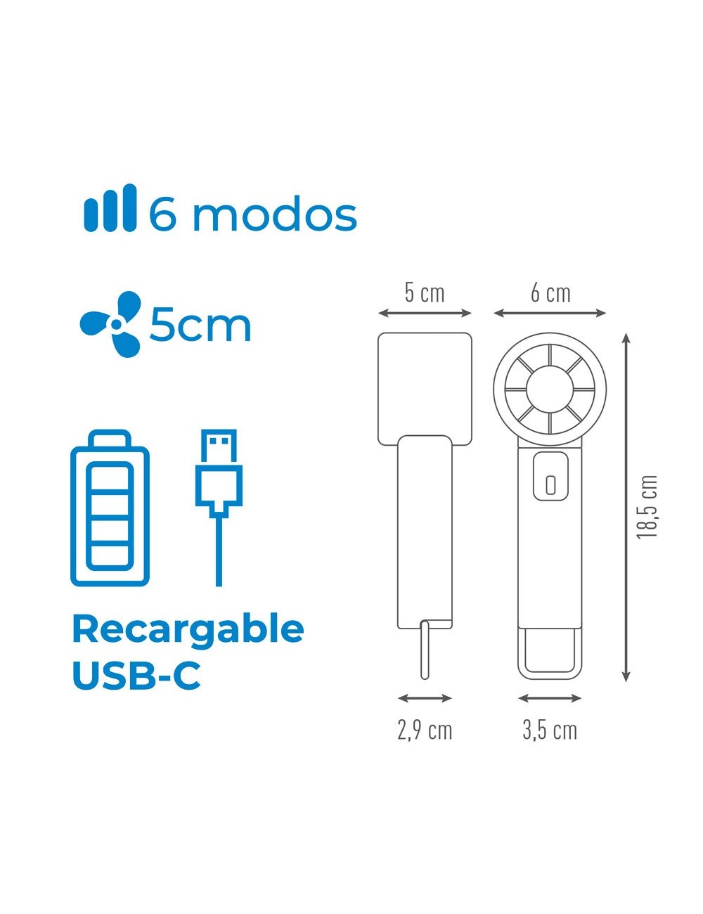 Ventilador de mano digital recargable, 6 x 18,5 cm