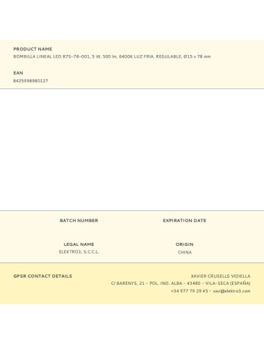 Bombilla lineal led 78 mm r7s, 5 w, 500 lm, 6400 k, luz fría, regulable, ø15 x 78 mm