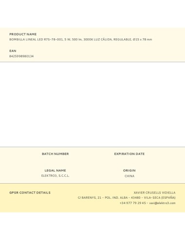 Bombilla lineal led 78 mm, r7s, 5 w, 500 lm, 3000 k, luz cálida, regulable, ø15 x 78 mm