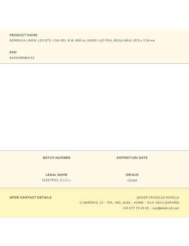 Bombilla lineal led 118 mm r7s, 8 w, 900 lm, 6400 k, luz fría, regulable, ø15 x 118 mm