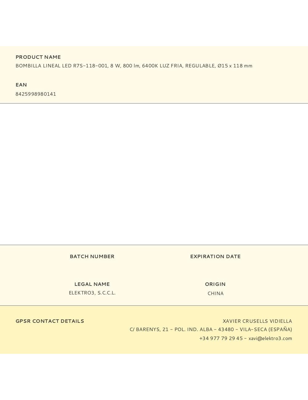 Bombilla lineal led 118 mm r7s, 8 w, 900 lm, 6400 k, luz fría, regulable, ø15 x 118 mm