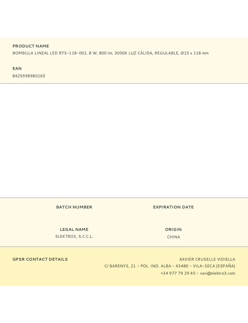 Bombilla lineal led 118 mm, r7s, 8 w, 900 lm, 3000 k luz cálida, regulable, ø15 x 118 mm