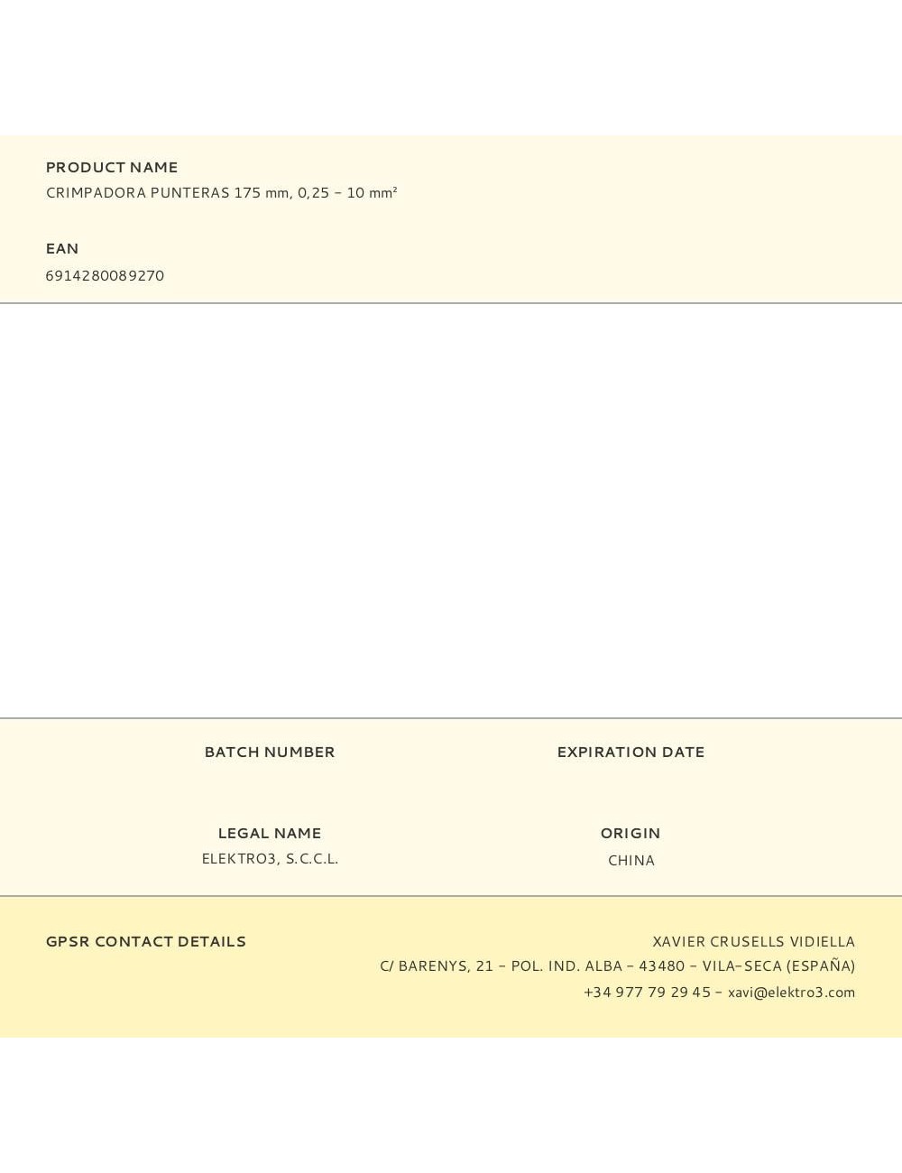 Crimpadora punteras electricas, prensado cuadrado 175 mm, 0,25 - 10,00 mm