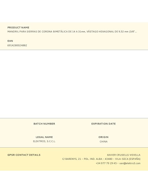 Mandril para sierras de corona bimetálica de 14 a 30 mm, vástago hexagonal de 9,5 mm 3/8 pulg