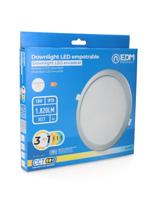 Downlight led empotrable, redondo, 18 w, 3cct, 1820 lm, marco aluminio, ø22,3 cm