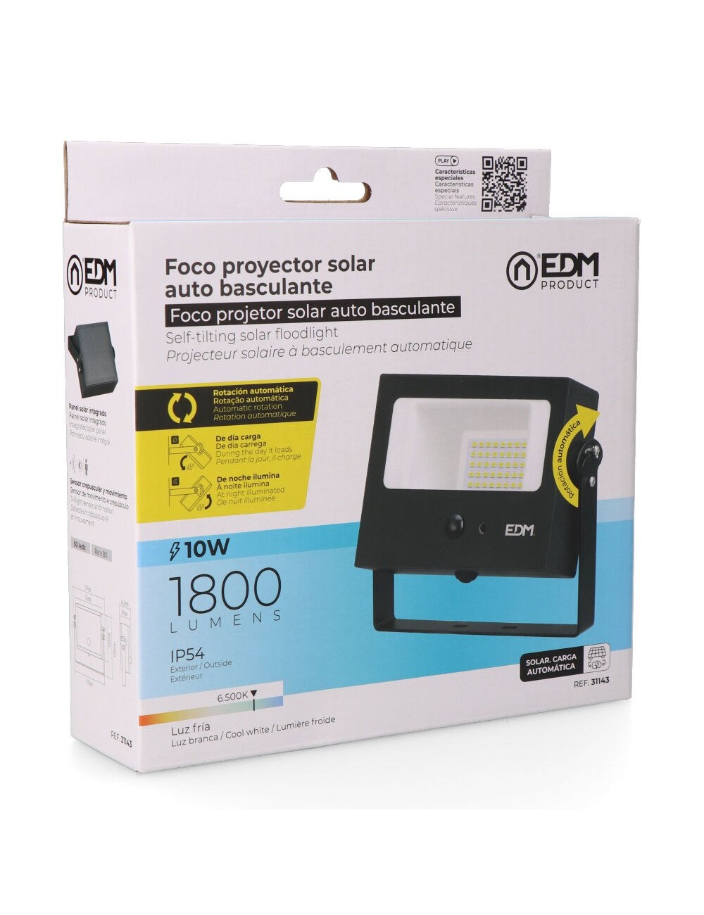 Foco proyector solar auto basculante, 10 w, 1800 lm, 6500 k, con sensor movimiento, negro