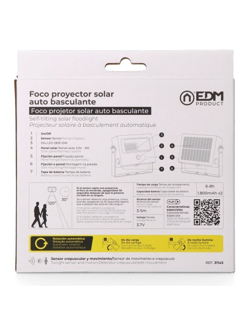 Foco proyector solar auto basculante, 10 w, 1800 lm, 6500 k, con sensor movimiento, negro