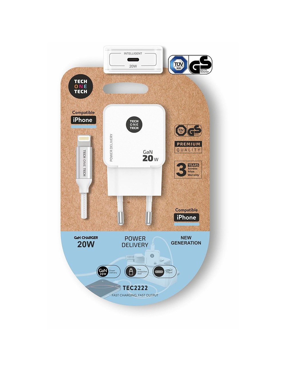 Cargador ultra rápido gan 20 w + cable usb-c a lightning blanco de 1 m