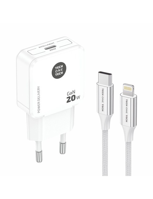 Cargador ultra rápido gan 20 w + cable usb-c a lightning blanco de 1 m