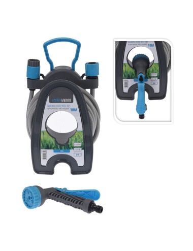 Manguera de jardín 3/8 pulg. 10 m con pistola y soporte de pared, 18,5 x 14 x 24,5 cm