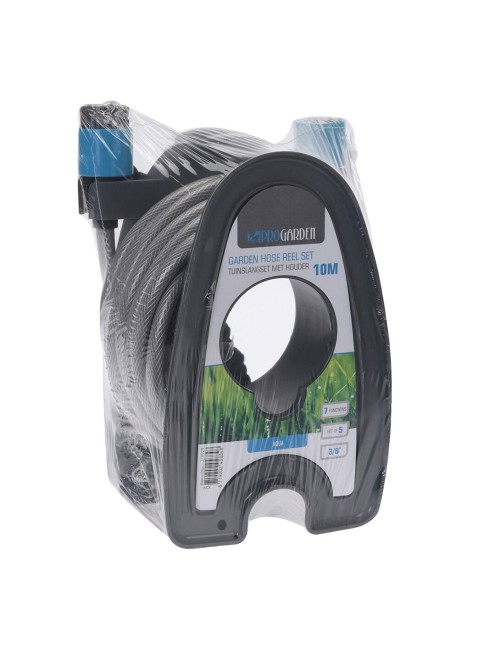 Manguera de jardín 3/8 pulg. 10 m con pistola y soporte de pared, 18,5 x 14 x 24,5 cm