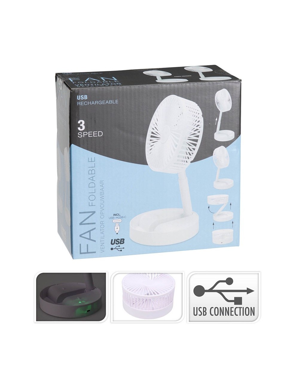 Ventilador de sobremesa plegable y recargable blanco, 3 velocidades, ø165 x 360 mm