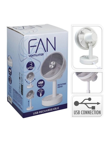 Ventilador de sobremesa recargable blanco y gris, 3 velocidades, ø135 x 270 mm