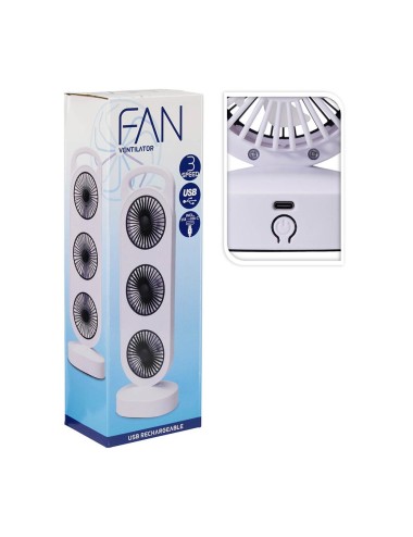 Ventilador de sobremesa recargable blanco y negro, 3 velocidades, 36,5 x 12 x 8,3 cm