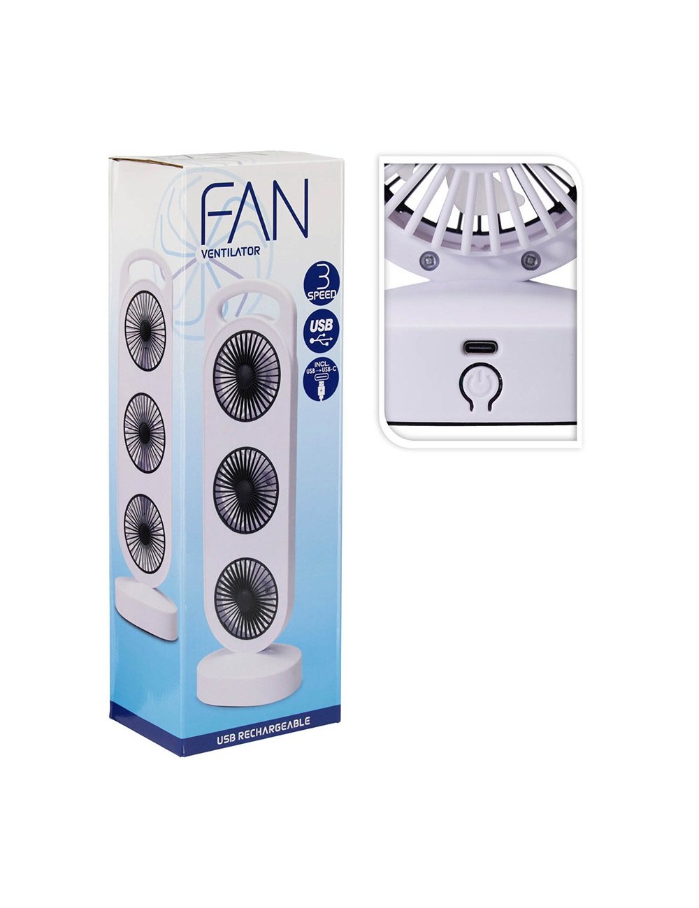 Ventilador de sobremesa recargable blanco y negro, 3 velocidades, 36,5 x 12 x 8,3 cm
