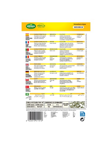 Sobre con semillas de perejil rizado verde oscuro