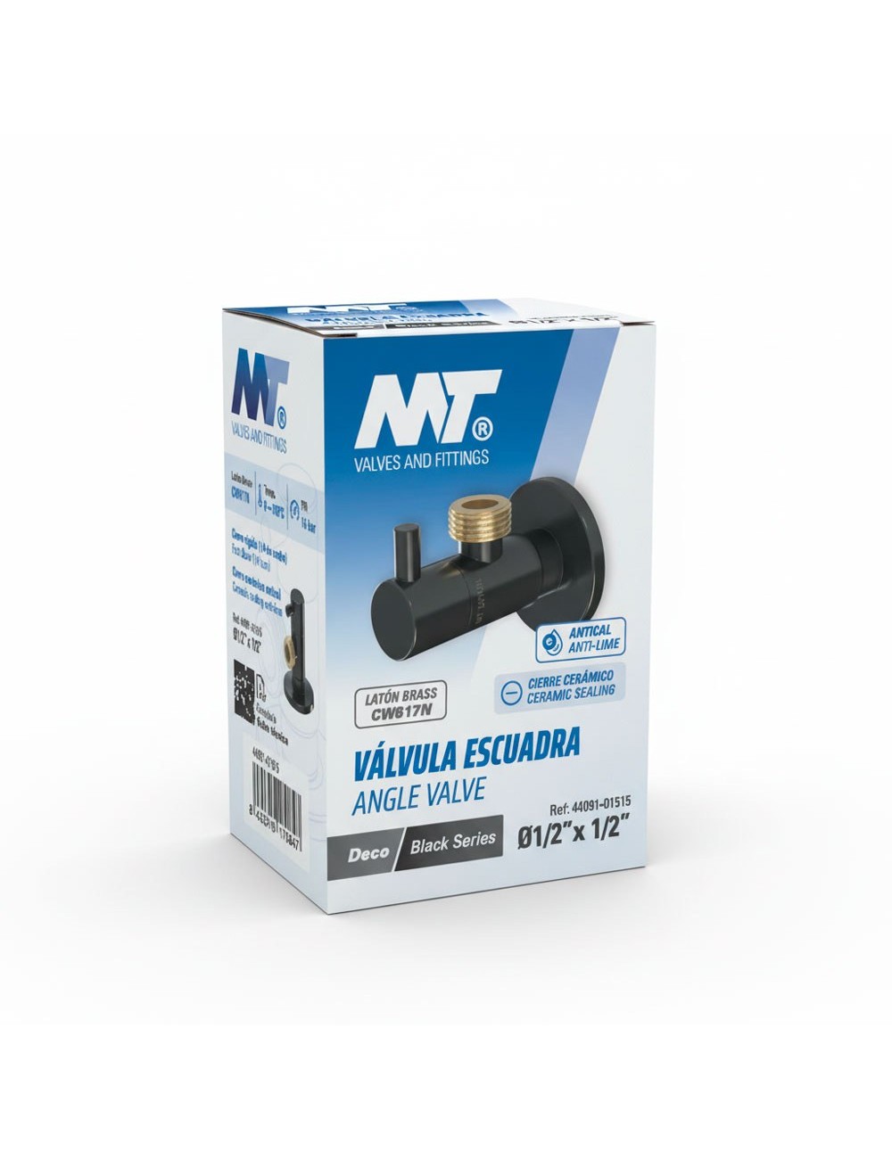 Válvula escuadra modelo deco con mando redondo, negro, ½ x 3/8 pulg