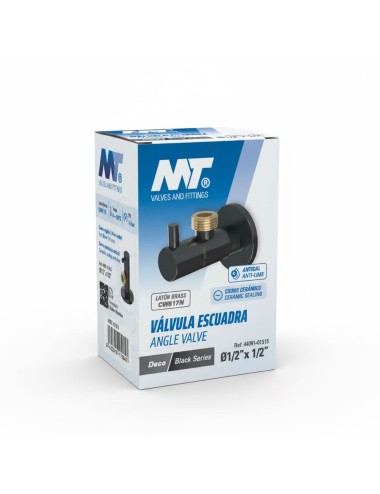 Válvula escuadra modelo deco con mando redondo, negro, ½ x ½ pulg