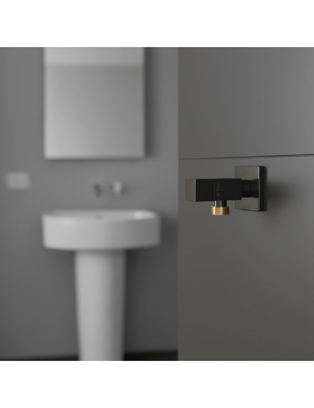 Válvula escuadra modelo deco con mando redondo, negro, ½ x ½ pulg