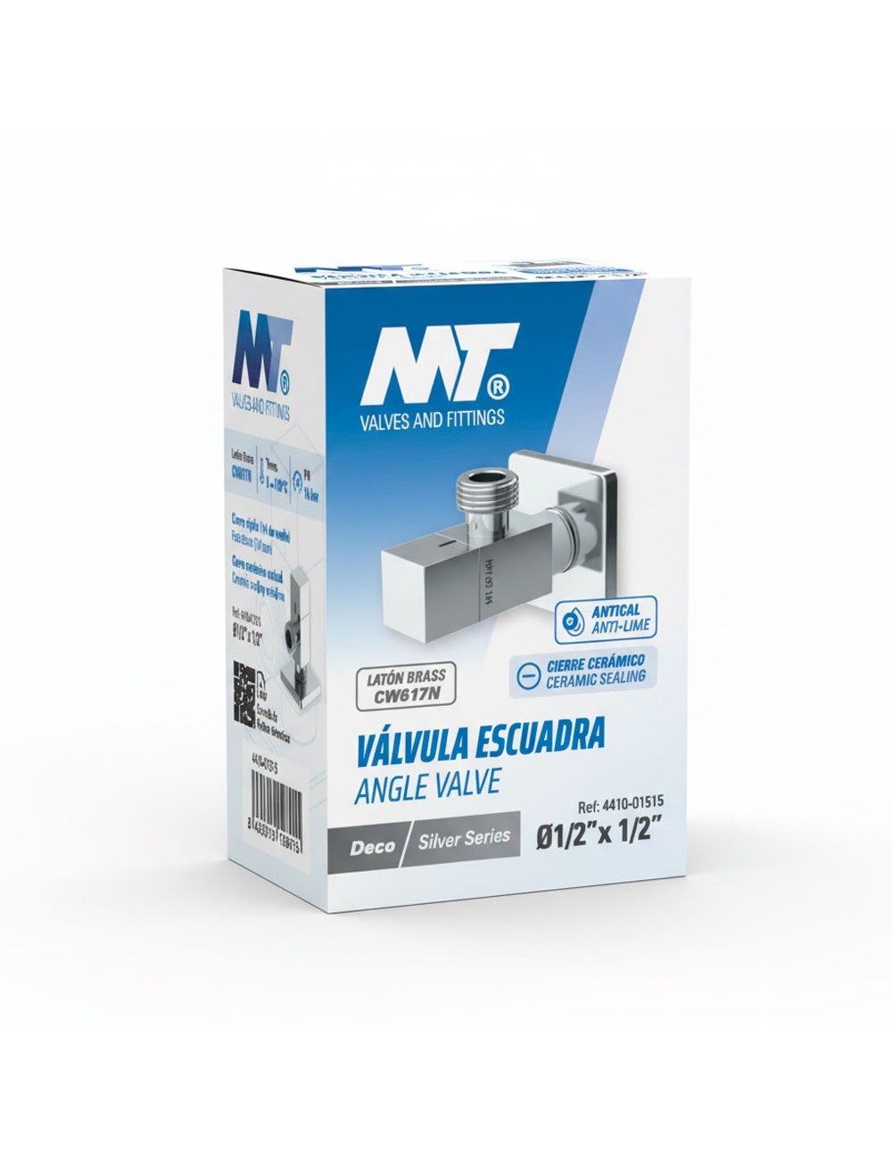 Válvula escuadra modelo deco con mando cuadrado, silver, ½ x ½ pulg