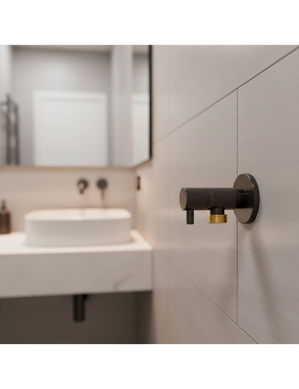 Válvula escuadra modelo deco con mando cuadrado, negro, ½ x ½ pulg