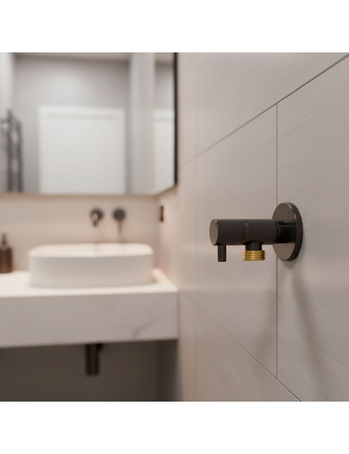 Válvula escuadra modelo deco con mando cuadrado, negro, ½ x ½ pulg