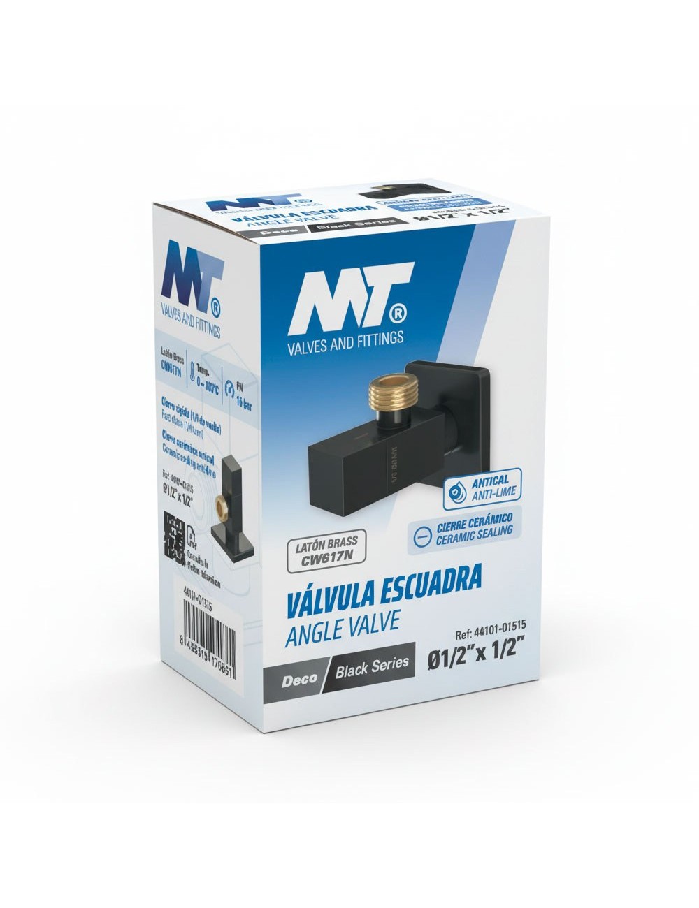 Válvula escuadra modelo deco con mando cuadrado, negro, ½ x 3/8 pulg