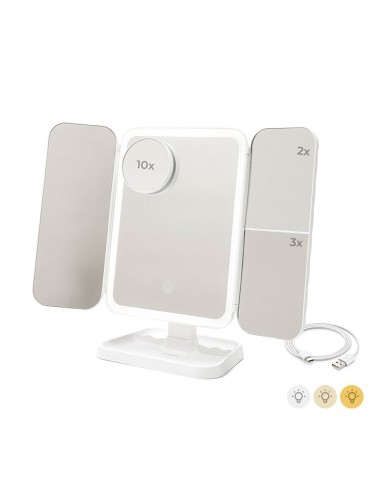 Espejo tríptico plegable de sobremesa con aumento y luz led recargable