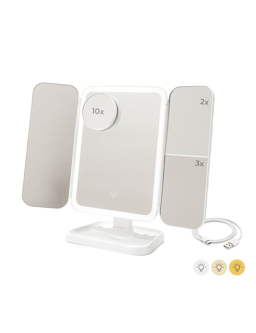 Espejo tríptico plegable de sobremesa con aumento y luz led recargable
