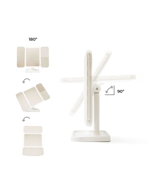 Espejo tríptico plegable de sobremesa con aumento y luz led recargable