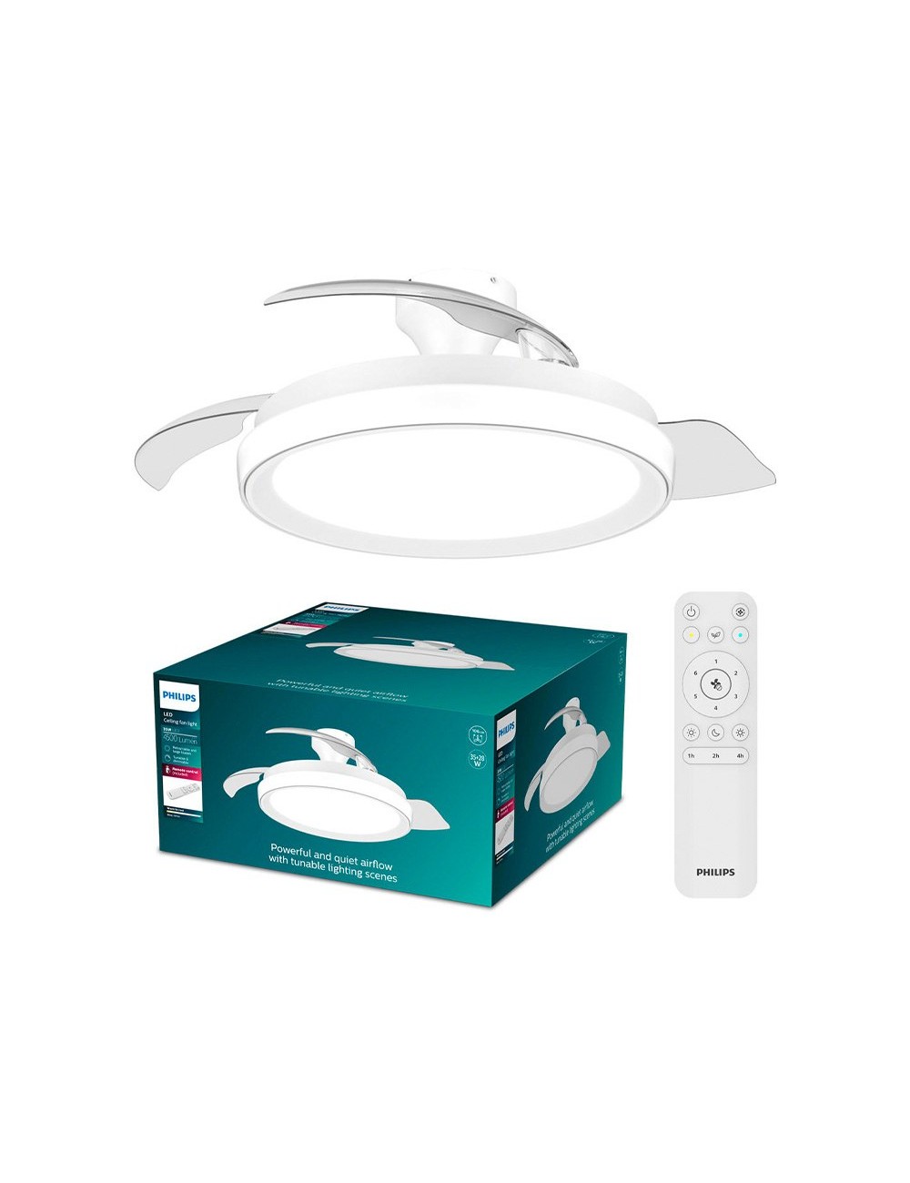 Ventilador de techo con aspas retráctiles, led 3 cct, dc 28 w + 35 w, modelo bliss, blanco, ø106 cm