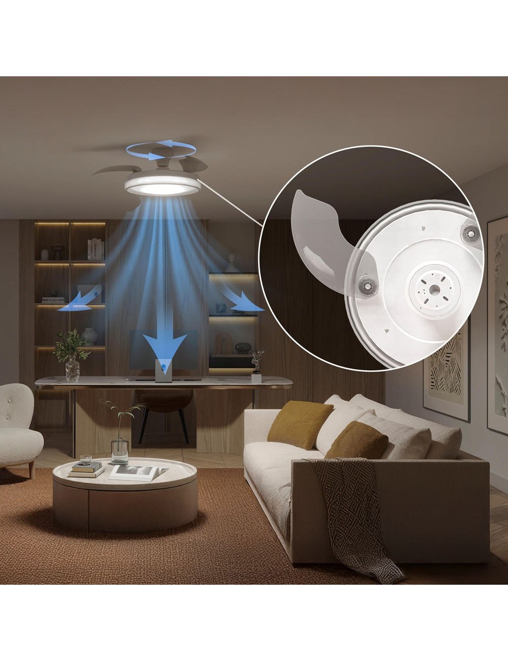 Ventilador de techo con aspas retráctiles, led 3 cct, dc 28 w + 35 w, modelo bliss, blanco / dorado, ø106 cm