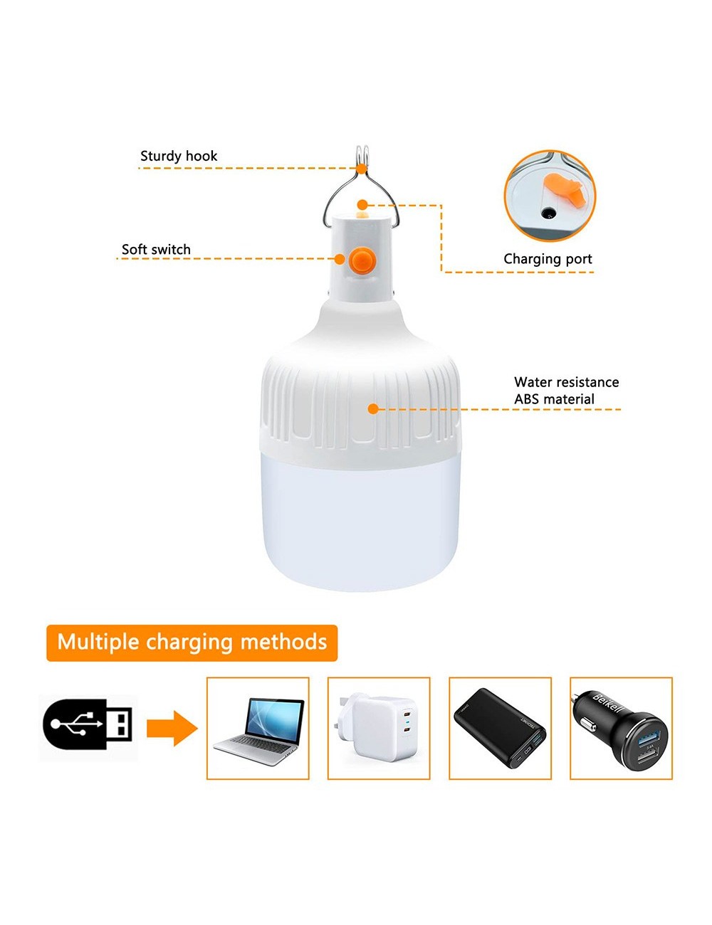 Bombilla led portátil recargable, blanca, 500 im, lp44, 2 uds