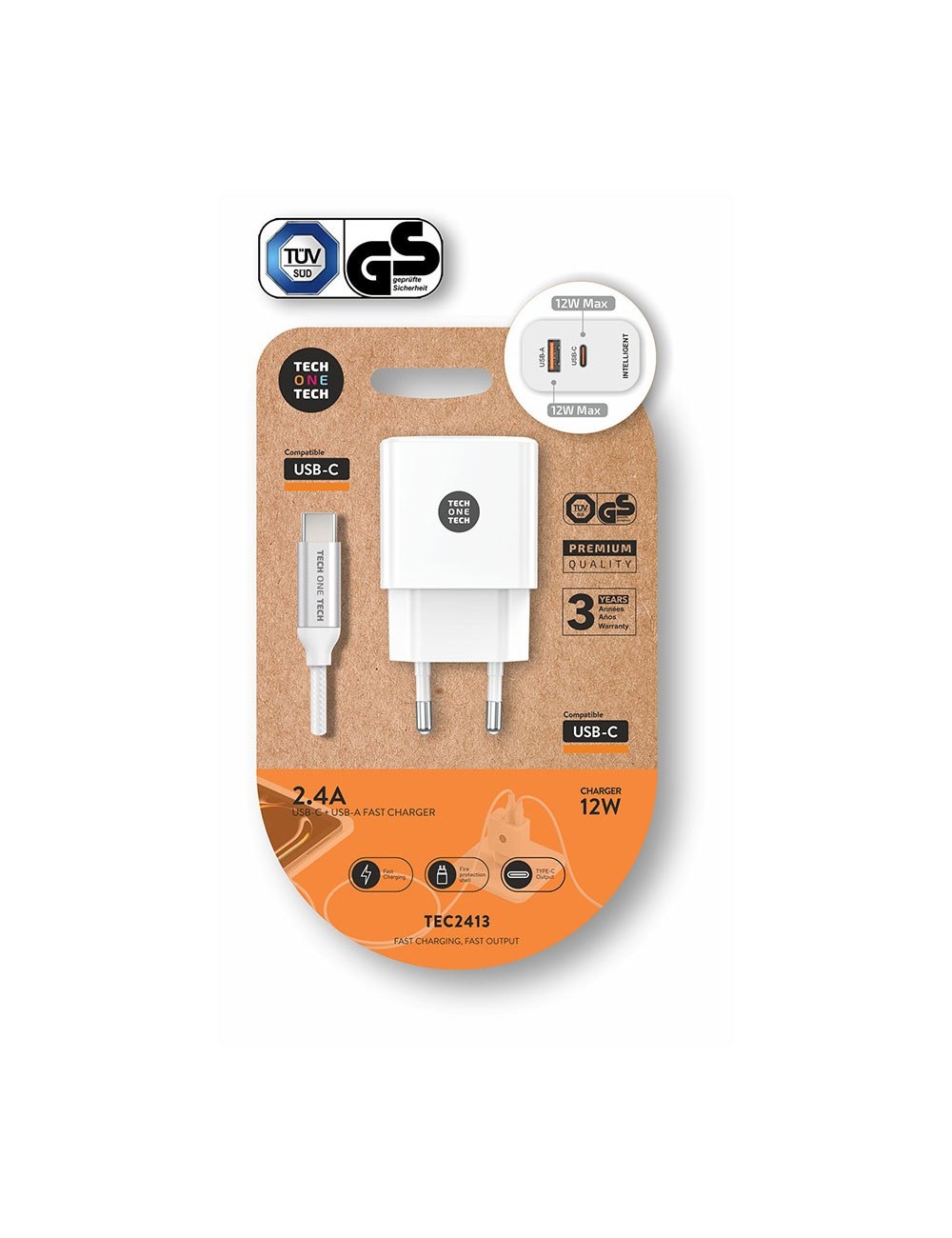 Cargador usb-c + usb-a, 12 w, blanco + cable usb-c de 1 m