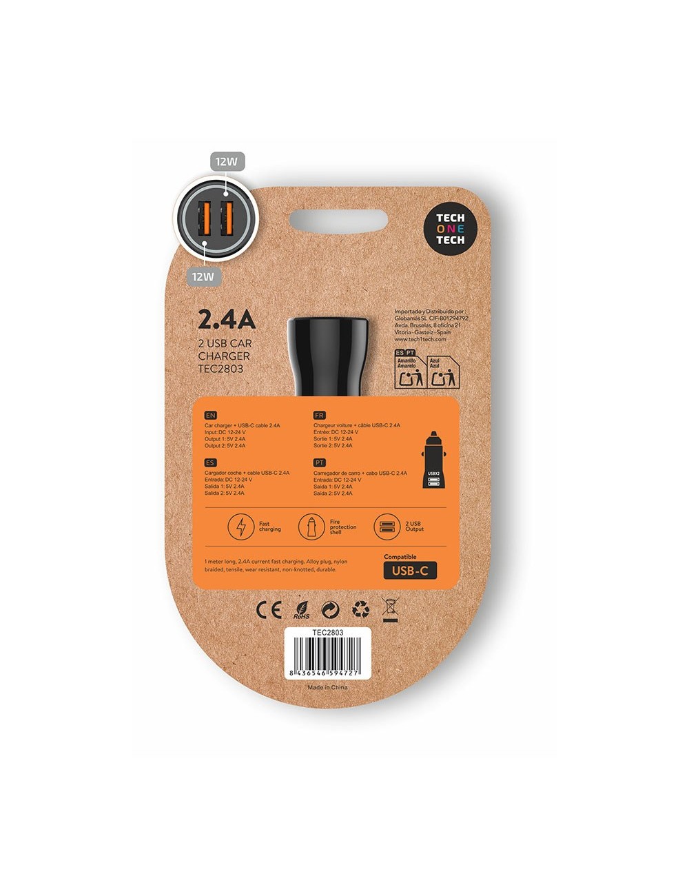 Cargador mechero coche 2 x usb-a, 12 w, negro + cable usb-c de 1 m