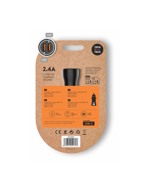 Cargador mechero coche 2 x usb-a, 12 w, negro + cable usb-c de 1 m