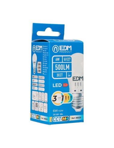 Bombilla esférica led p45 e27, 6 w, 500 lm, 3cct, ø45 x 88 mm