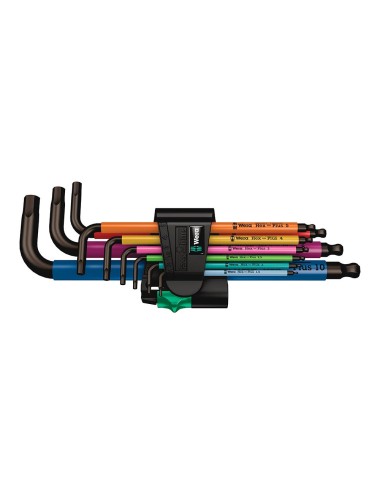 Llaves hexagonales acodadas métricas multicolor, juego 9 piezas