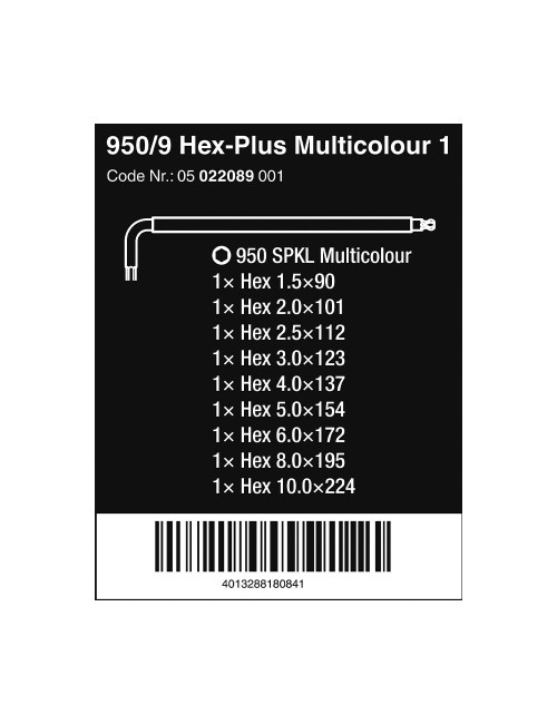 Llaves hexagonales acodadas métricas multicolor, juego 9 piezas