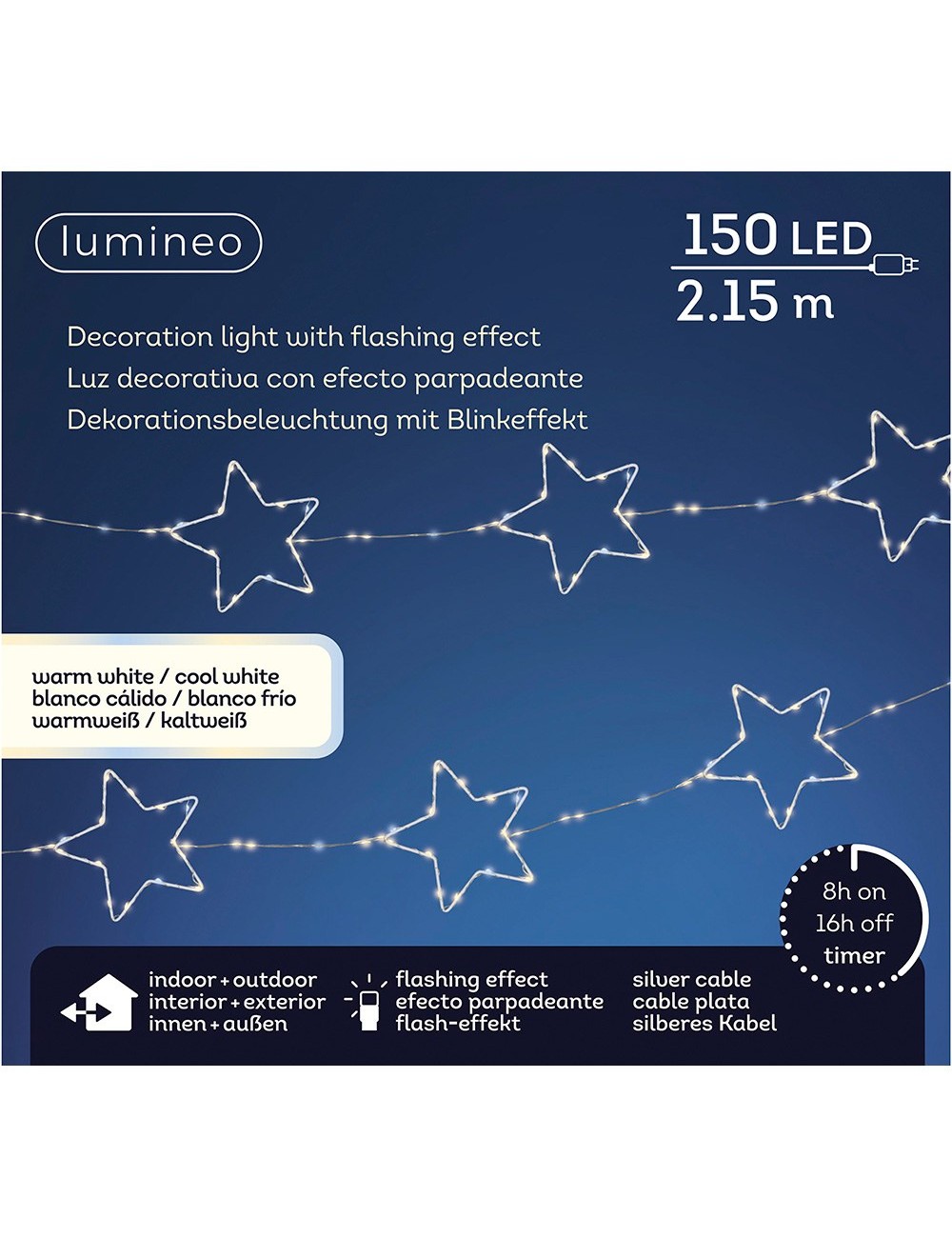 Guirnalda led exterior con estrellas, luz cálida, parpadeante, 150 leds, cable plateado, 2,15 m