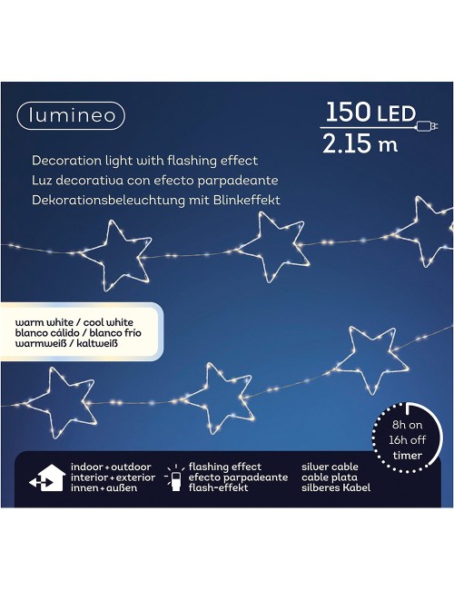 Guirnalda led exterior con estrellas, luz cálida, parpadeante, 150 leds, cable plateado, 2,15 m