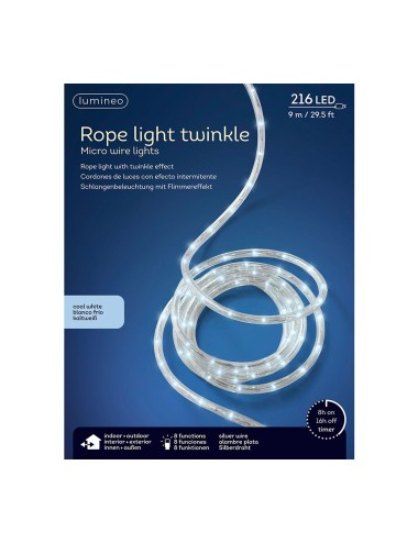 Cordón de luces led blanco frio, uso exterior, 216 leds, 8 funciones, alambre plateado, 9 m