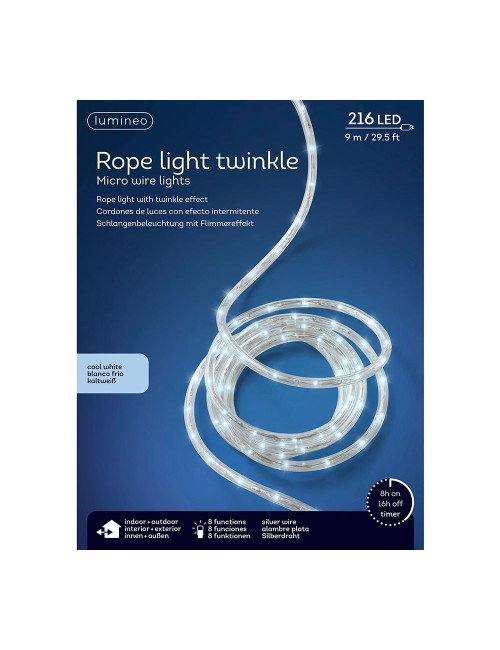 Cordón de luces led blanco frio, uso exterior, 216 leds, 8 funciones, alambre plateado, 9 m