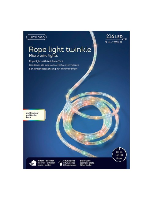 Cordón de luces led multicolor, uso exterior, 216 leds, 8 funciones, alambre plateado, 9 m