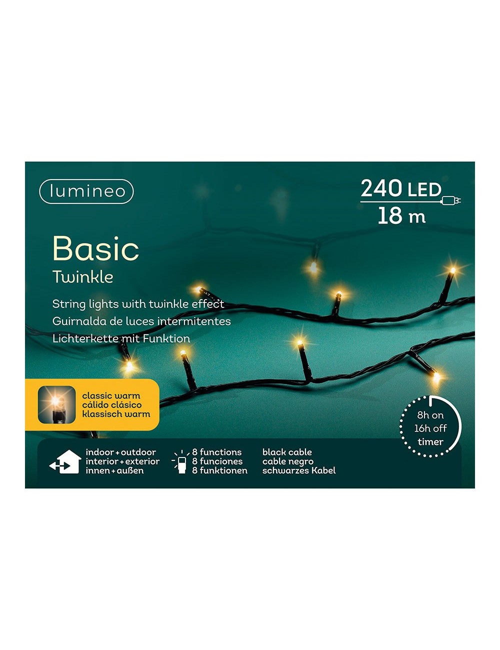Guirnalda multifunción, uso exterior, basic, cálida clásica, cable negro, 240 leds, 18 m