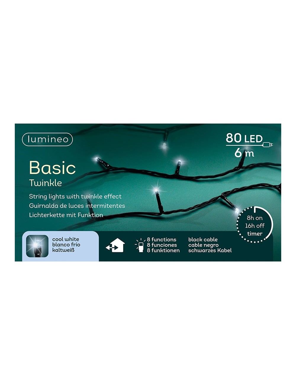 Guirnalda multifunción, uso exterior, basic, blanco frío, cable negro, 80 leds, 6 m