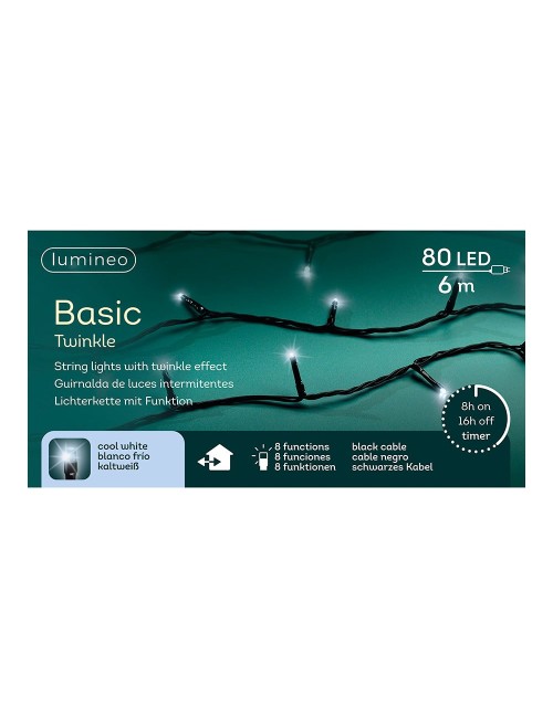 Guirnalda multifunción, uso exterior, basic, blanco frío, cable negro, 80 leds, 6 m