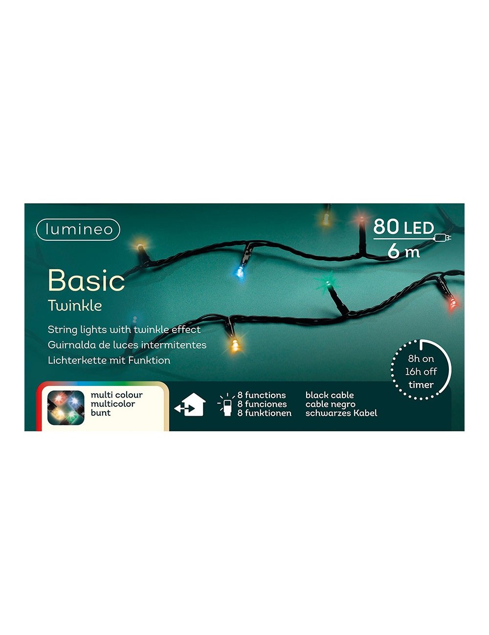 Guirnalda multifunción, uso exterior, basic, multicolor, cable negro, 80 leds, 6 m