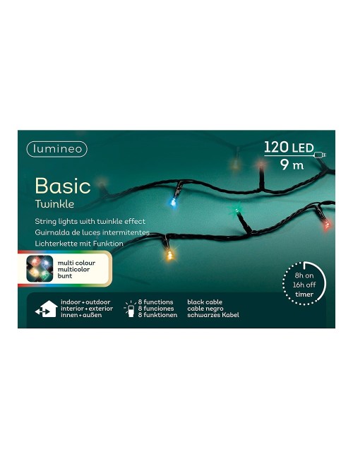 Guirnalda multifunción, uso exterior, basic, multicolor, cable negro, 120 leds, 9 m